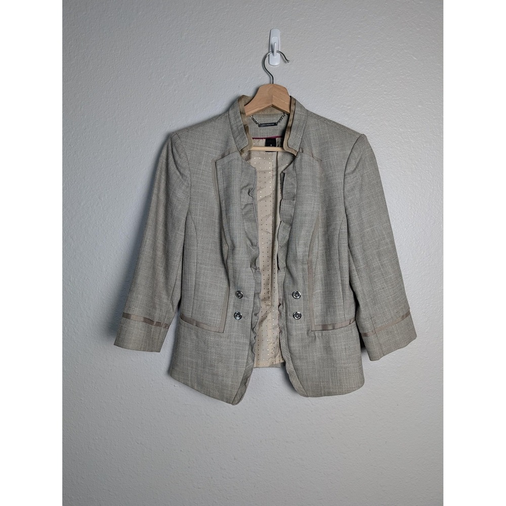 White House Black Market Light Gray Tweed Ruffle-Trim Blazer